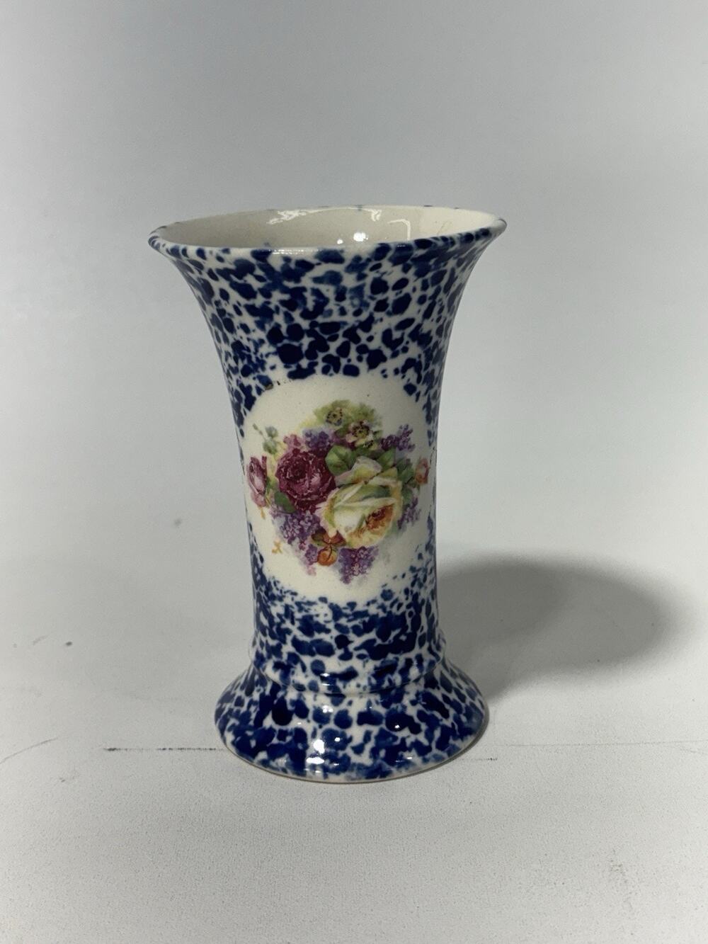 Antique Meco Czecho Slovakia Blue Spongeware Floral Art Pottery Vase 6"